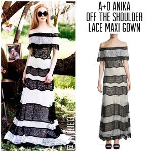 Alice + Olivia Anika Off the Shoulder Lace Maxi Gown